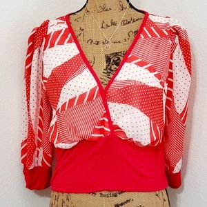 Kala red orange and white abstract graphic print  cross front top Lrg.